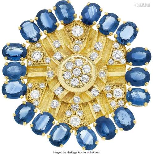 Sapphire, Diamond, Gold Brooch Stones: Oval-shaped sapphires...