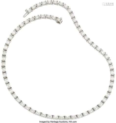 Diamond, Platinum Necklace Stones: Emerald-cut diamonds weig...