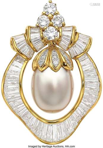 Diamond, South Sea Cultured Pearl, Gold Enhancer-Pendant Sto...