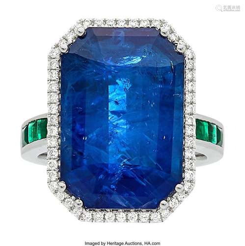 Ceylon Sapphire, Emerald, Diamond, White Gold Ring Stones: O...