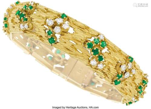 Diamond, Emerald, Gold Bracelet Stones: Full-cut diamonds we...