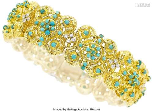 Diamond, Turquoise, Gold Bracelet Stones: Full-cut diamonds ...