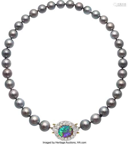 South Sea Cultured Pearl, Diamond, Black Opal, Platinum, Gol...