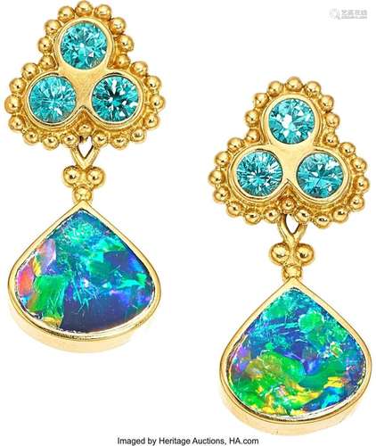 Blue Zircon, Boulder Opal, Gold Convertible Earrings Stones:...