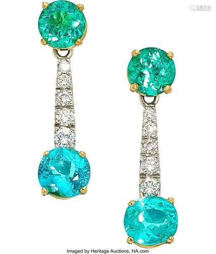 Paraiba Tourmaline, Diamond, Gold Earrings Stones: Round and...