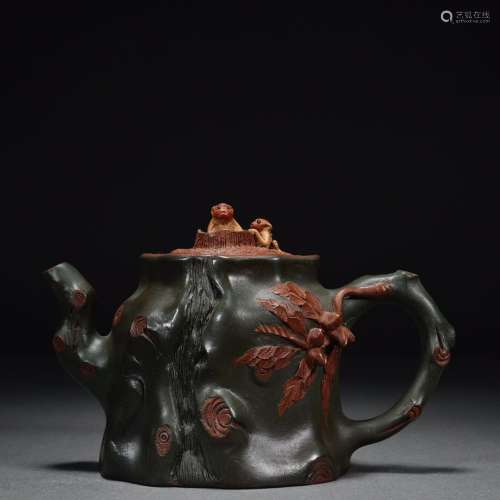 Purple Clay Tree Stump Monkey Button Teapot