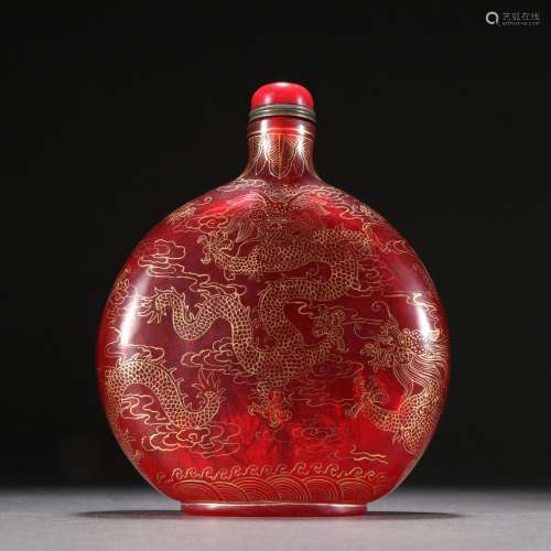 Snuff Bottle with Golden Dragon Pattern on Glazed Glass
