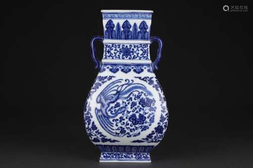Blue and white phoenix wears flower amphora square vase