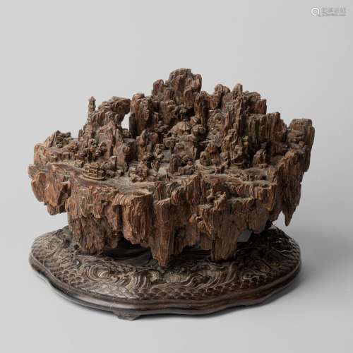 LARGE CHENXIANGMU 'LANDSCAPE' SCULPTURE WITH ZITAN BASE QING...