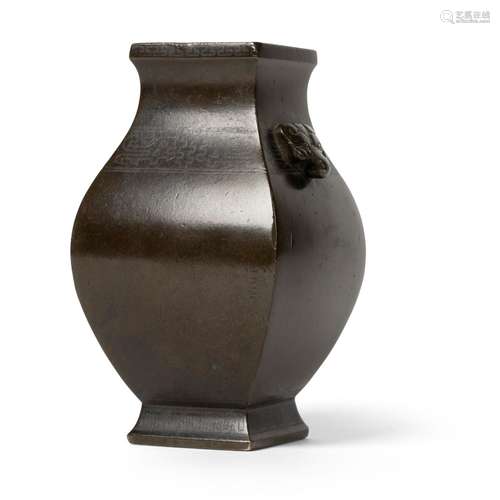 SMALL SILVER-INLAID BRONZE VASE, FANGHU SHISOU MARK, QING DY...