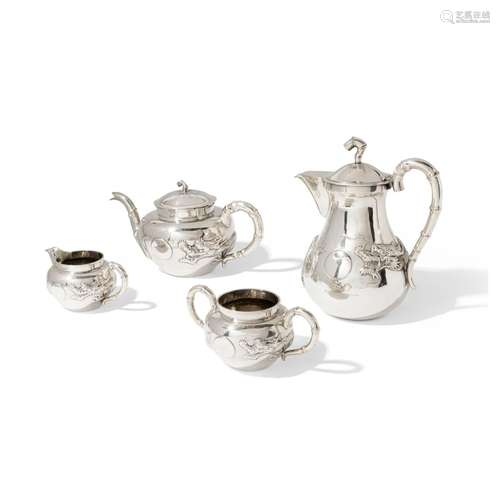 CHINESE EXPORT SILVER THREE-PIECE TEA SERVICE AND A COFFEE P...