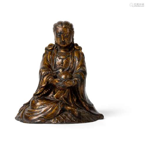 GILT-LACQUERED BRONZE FIGURE OF SEATED GUANYIN XUANDE MARK B...