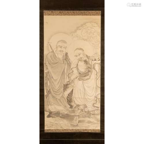 INK SCROLL PAINTING OF TWO ARHATS ATTRIBUTED TO DING YUNPENG...