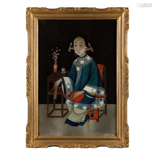 REVERSE GLASS MIRROR PAINTING OF A LADY LATE QING DYNASTY TO...