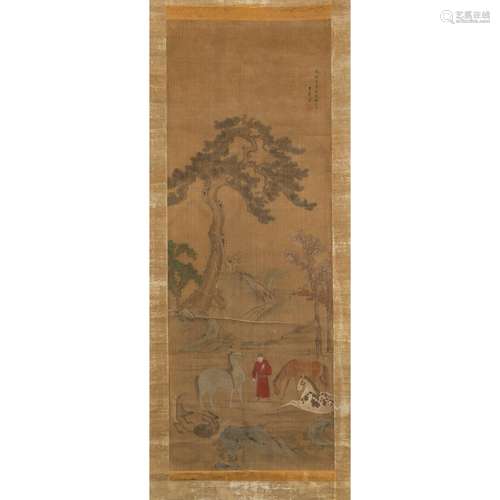 INK SCROLL 'GROOM WITH HORSES' PAINTING ATTRIBUTED TO ZHAO M...