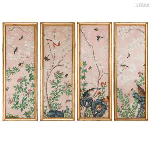 SET OF FOUR CHINESE EXPORT 'EXOTIC BIRDS' WALLPAPER PANELS Q...