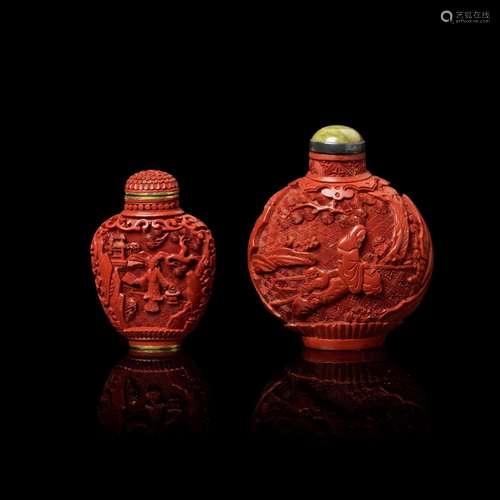 TWO CARVED CINNABAR LACQUER SNUFF BOTTLES QING DYNASTY, 19TH...