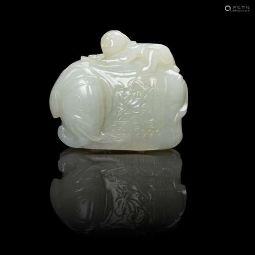 CELADON JADE CARVING OF A BOY ON ELEPHANT QING DYNASTY, 18TH...