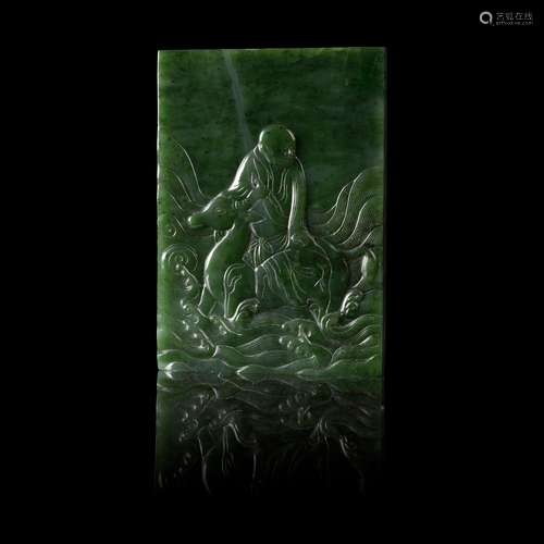 SPINACH-GREEN JADE TABLE SCREEN INCISED WITH AN ARHAT ON DEE...