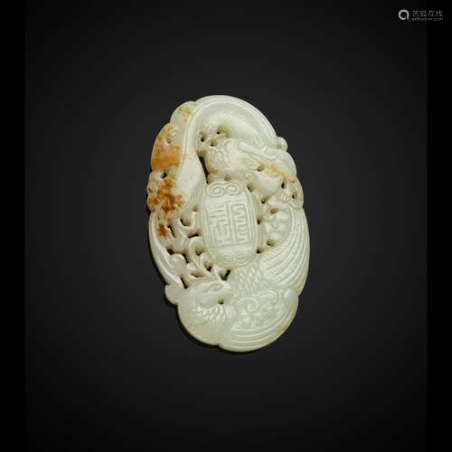 PALE CELADON JADE 'DRAGON AND PHOENIX' PENDANT QING DYNASTY,...