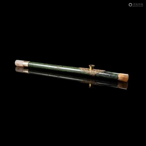 SPINACH GREEN JADE WITH AGATE INSET OPIUM PIPE QING DYNASTY,...