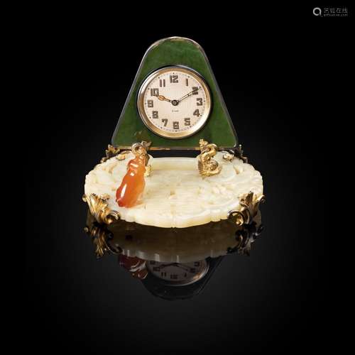 WHITE AND SPINACH GREEN JADE PLAQUES INSET CLOCK RETAILED BY...