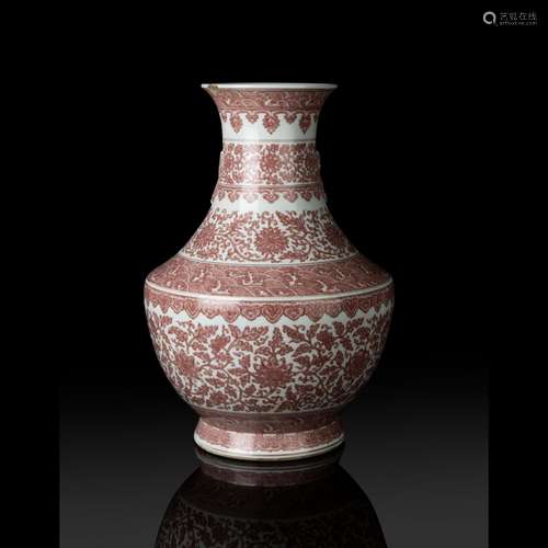 LARGE COPPER-RED 'LOTUS' VASE QING DYNASTY, QIANLONG MARK AN...