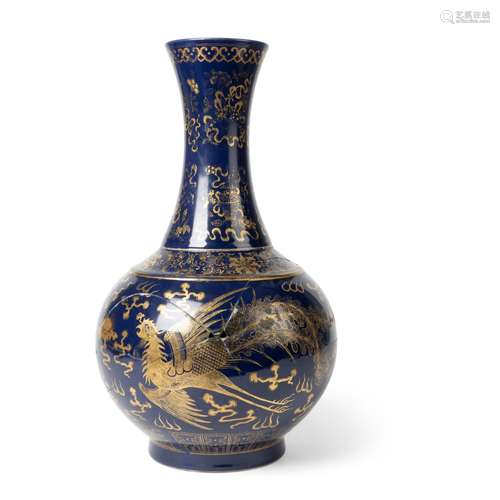 GILT-DECORATED POWDER-BLUE-GLAZED BOTTLE VASE QING DYNASTY, ...