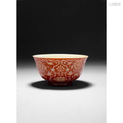 CORAL-GROUND RESERVE-DECORATED 'LOTUS' BOWL QING DYNASTY, QI...