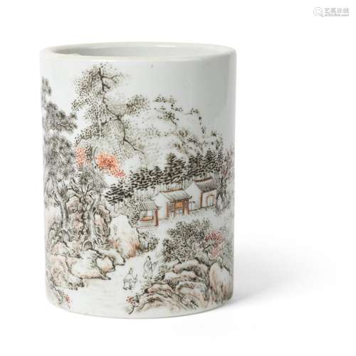 IRON-RED AND GRISAILLE-DECORATED 'LANDSCAPE' BRUSH POT QING ...