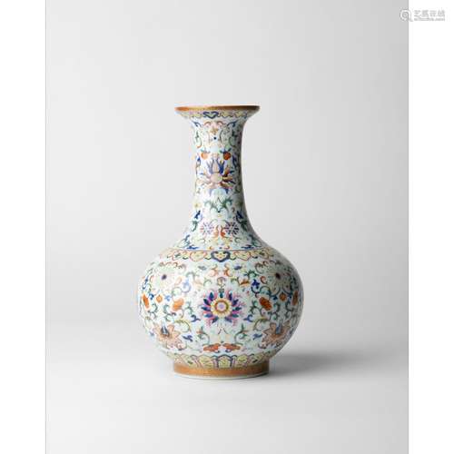 FAMILLE ROSE WITH UNDERGLAZE BLUE 'LOTUS' BOTTLE VASE QING D...