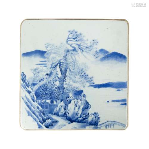 BLUE AND WHITE 'LANDSCAPE' PORCELAIN PLAQUE QING DYNASTY, 18...