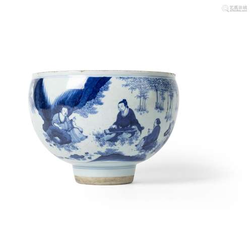 BLUE AND WHITE 'SEVEN SAGES' STEM BOWL QING DYNASTY, 19TH CE...