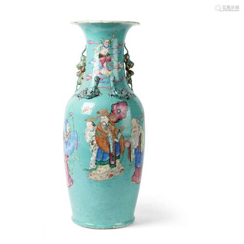 LARGE FAMILLE ROSE TURQUOISE-GROUND 'THREE STARS' VASE QING ...