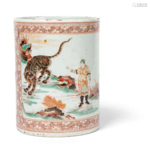 FAMILLE VERTE WITH IRON-RED DECORATED BRUSH POT QING DYNASTY...