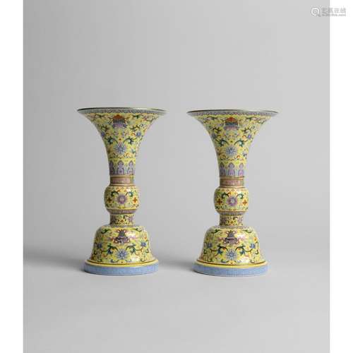 PAIR OF YELLOW-GROUND FAMILLE ROSE 'GU' VASES QING DYNASTY, ...