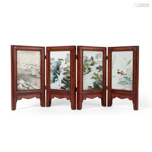 GRISAILLE AND FAMILLE ROSE PORCELAIN PLAQUES INSET FOUR-PANE...