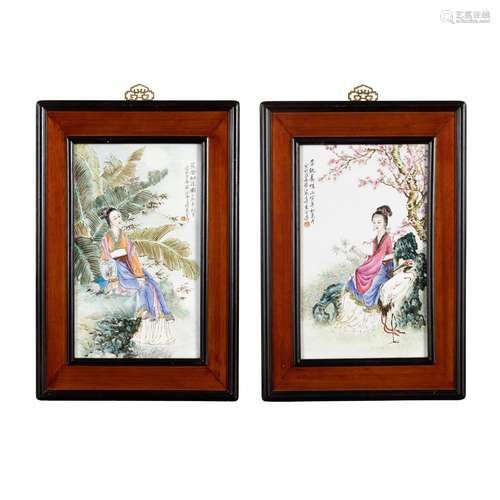 TWO FAMILLE ROSE 'BEAUTIES' PORCELAIN PLAQUES 20TH CENTURY, ...