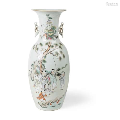 LARGE FAMILLE ROSE AND INSCRIBED 'BOYS AT PLAY' VASE LATE QI...