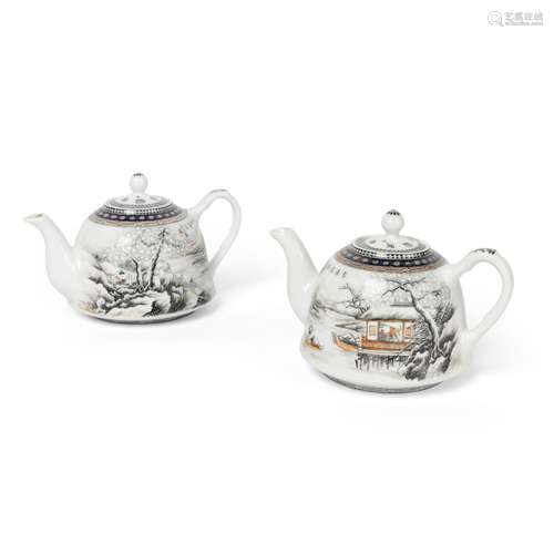 TWO GRISAILLE AND FAMILLE ROSE 'WINTER LANDSCAPE' TEAPOTS 20...