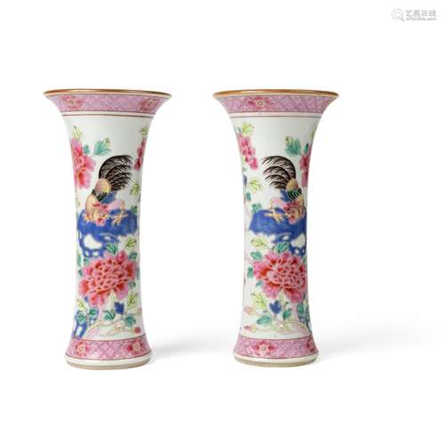 PAIR OF FAMILLE ROSE 'GU' VASES WITH ROOSTERS QING DYNASTY, ...