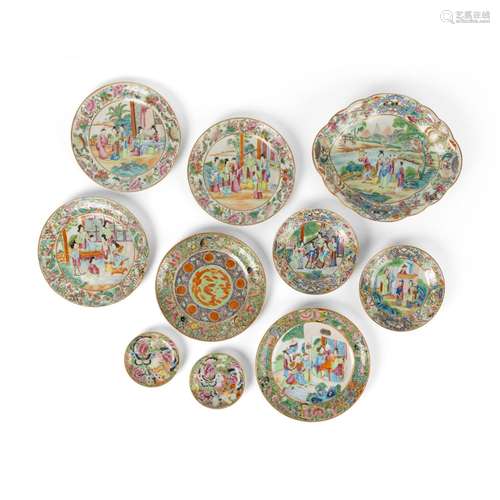 GROUP OF TEN CANTON FAMILLE ROSE PLATES AND SAUCERS QING DYN...