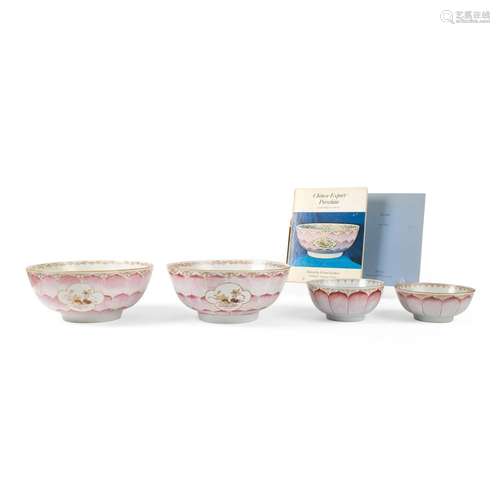 GROUP OF FOUR FAMILLE ROSE 'LOTUS' BOWLS QING DYNASTY, QIANL...