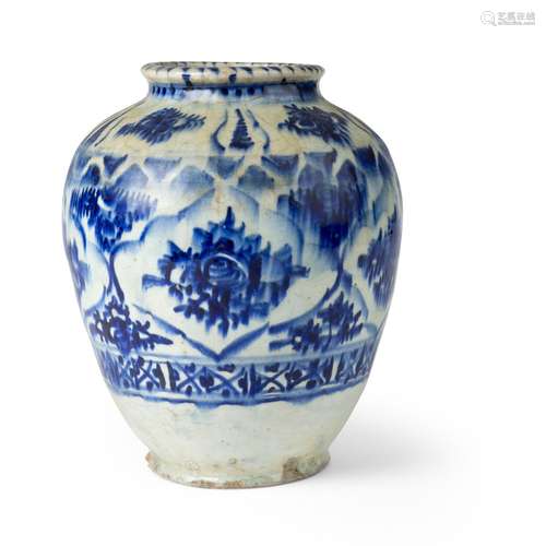 QAJAR UNDERGLAZE-PAINTED BLUE AND WHITE POTTERY VASE IRAN, 1...