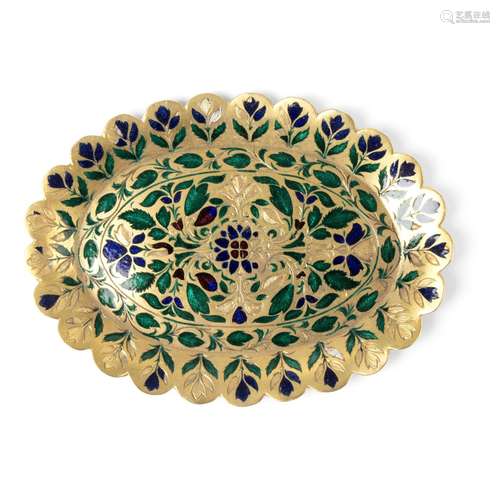 LUCKNOW POLYCHROME ENAMELLED GILT SILVER TRAY INDIA, EARLY 1...