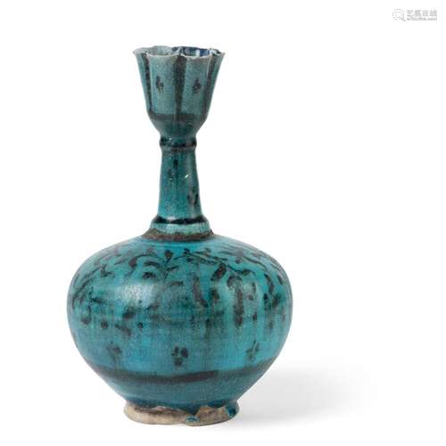 KASHAN TURQUOISE AND BLACK POTTERY BOTTLE PERSIA, 12TH CENTU...