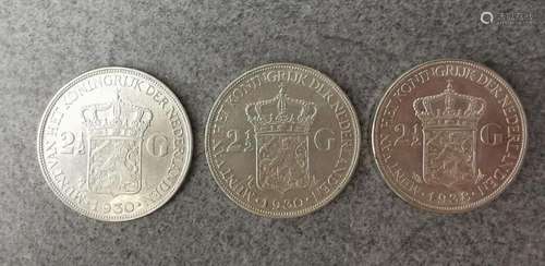 THREE SILVER COINS NETHERLANDS 2 1/2 GUILDERS