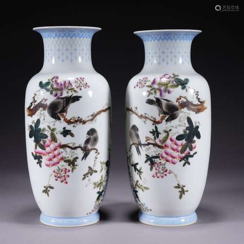 A pair of famille-rose 'floral and birds' vase