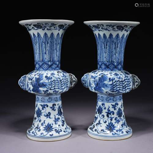 A pair of blue and white 'lotus' vase