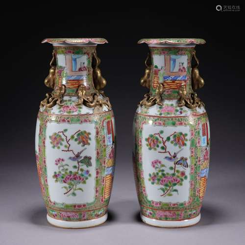 A pair of Guang cai 'floral and figure' vase